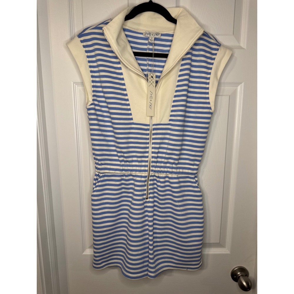 She + Sky Blue White Striped Half Zip Romper Sleeveless Nautical Summer Small